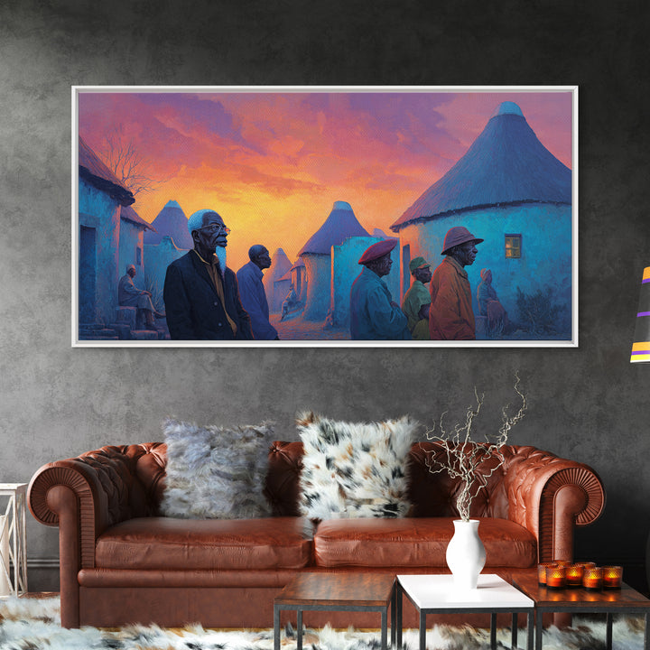Blue Round Huts At Fiery Sunset Wall Art, African Village Painting, Afrocentric Decor, Cultural Landscape Canvas Print Gift
