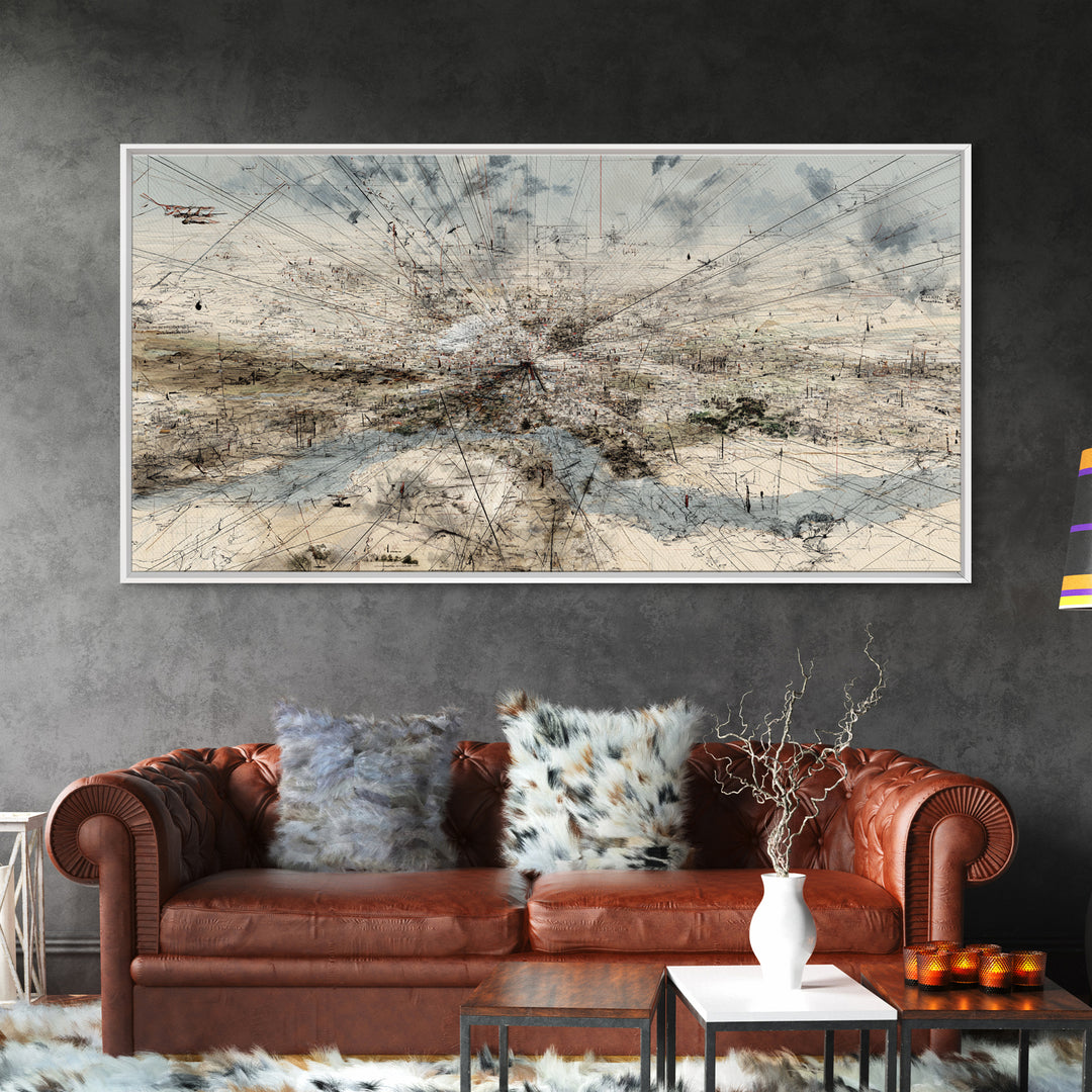 Abstract Desert Map Lines Over Sparse Landscape Wall Art, Modern Minimalist Art Print, Earth Tone Office Decor Canvas Gift