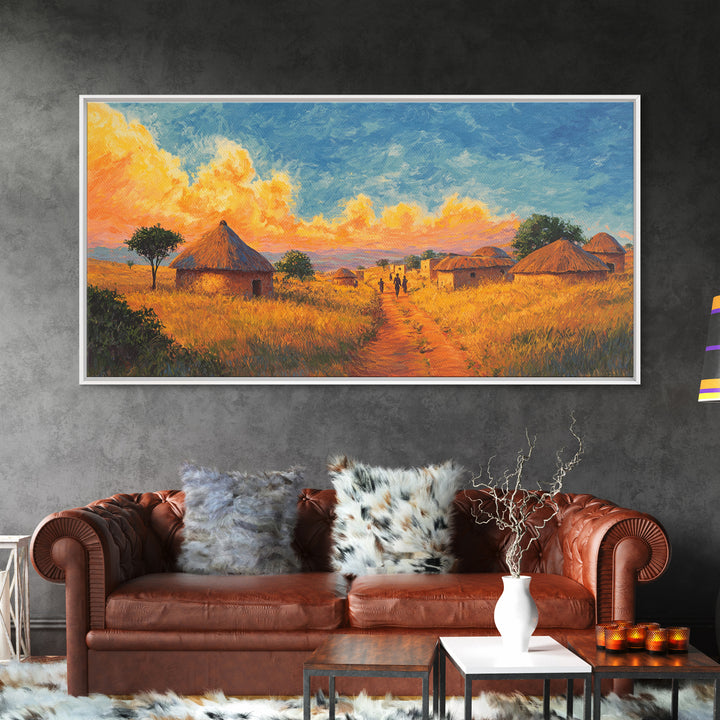 Golden Savanna Huts Under Brilliant Clouds Canvas Print, African Landscape Wall Art, Safari Decor, Motherland Home Art Gift