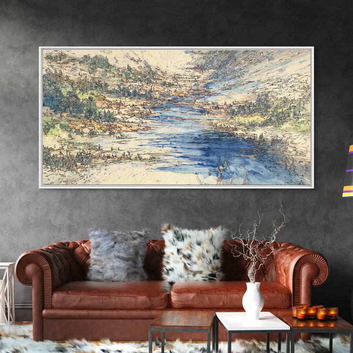 Blue Mountain Valley River And Villages Wall Art, African Landscape Art Print, Serene Nature Decor, Modern Canvas Home Gift