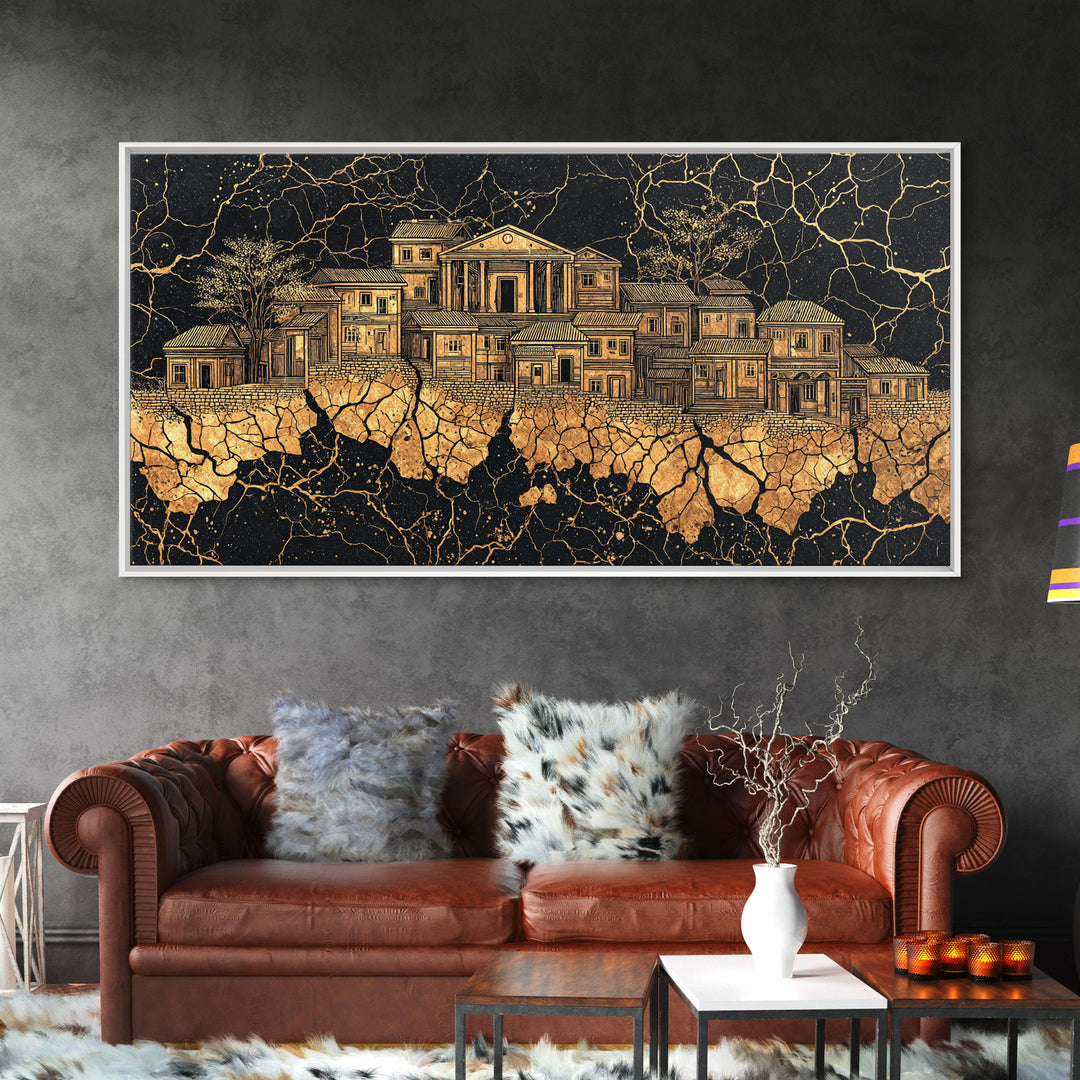 Golden Ancestral Palace On Cracked Stone, Luxury African Wall Art, Black Gold Architecture, Statement Living Room Decor Gift
