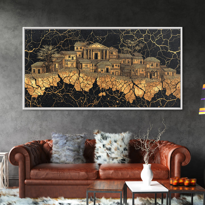 Golden Ancestral Palace On Cracked Stone, Luxury African Wall Art, Black Gold Architecture, Statement Living Room Decor Gift