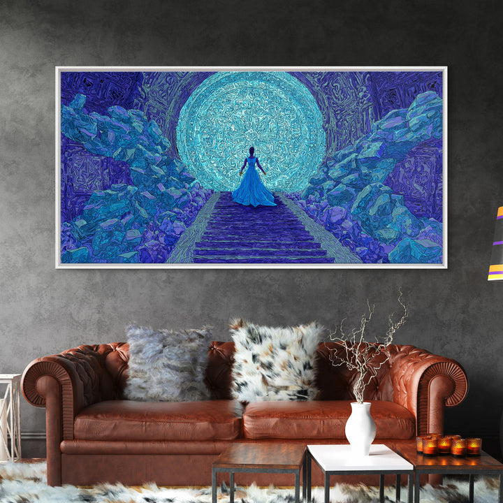 Blue Goddess Before Luminous Moon And Stone Stairway Framed Canvas Print, Mystical Wall Art, Spiritual Afrocentric Bedroom Decor Gift