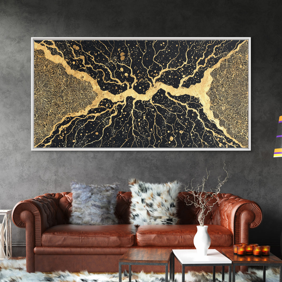 Black Gold Abstract Cracked Earth Wall Art, Luxury Canvas Print, Textured Modern Decor, Bold Statement Elegant Home Decor Gift