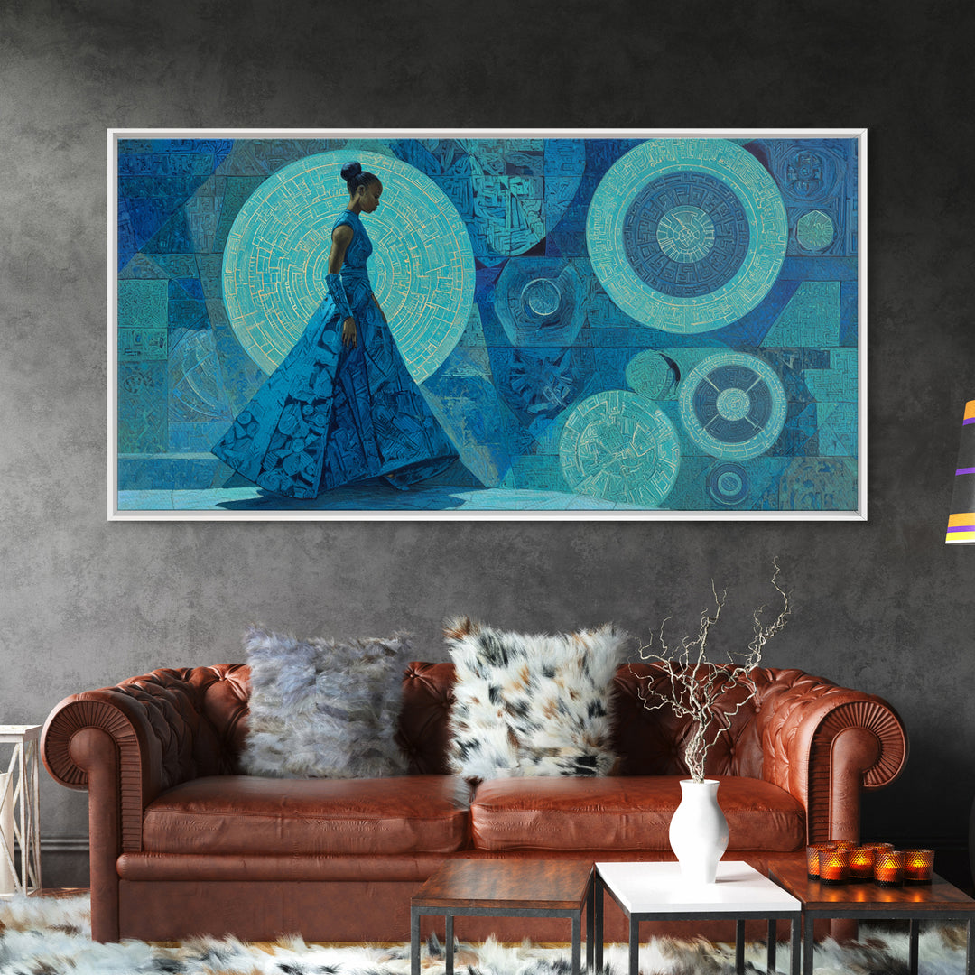 Blue Gown African Woman With Geometric Circles Canvas Print, Modern Afrocentric Wall Art, Elegant Feminine Home Decor Gift