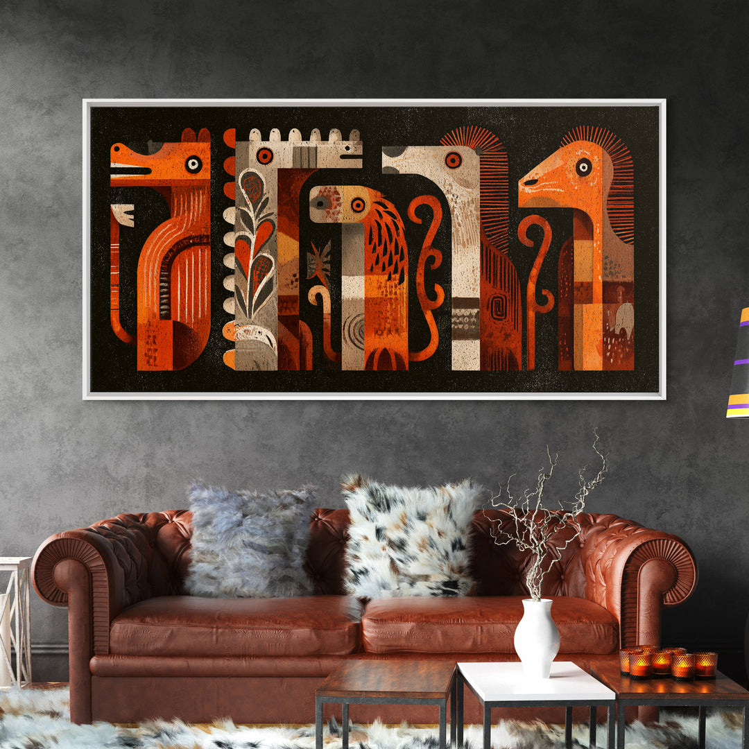 Orange Tribal Bird And Animal Figures Canvas Print, African Inspired Wall Art, Boho Geometric Safari Home Decor, Mid Century Gift