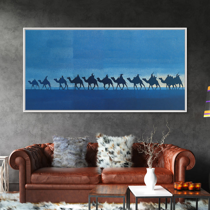 Blue Desert Camel Caravan Silhouette Wall Art, African Safari Print, Nomad Travel Decor, Modern Blue Landscape Poster Gift