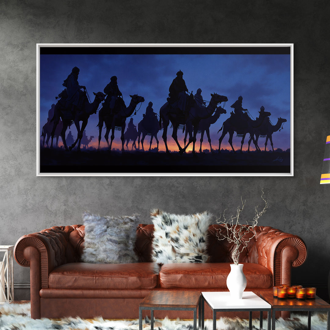 Twilight Camel Caravan Silhouette Framed Canvas Print, African Travel Wall Decor, Blue Desert Nomad Landscape Art Gift For Him