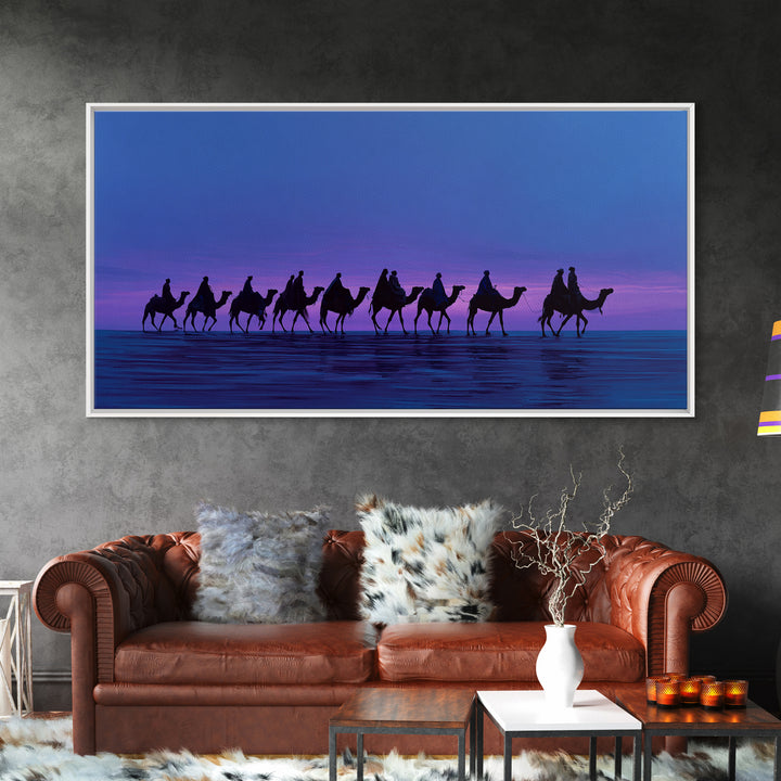 Purple Sunset Camel Caravan Canvas Print, African Safari Wall Art, Coastal Desert Silhouette Decor, Boho Travel Gift Idea