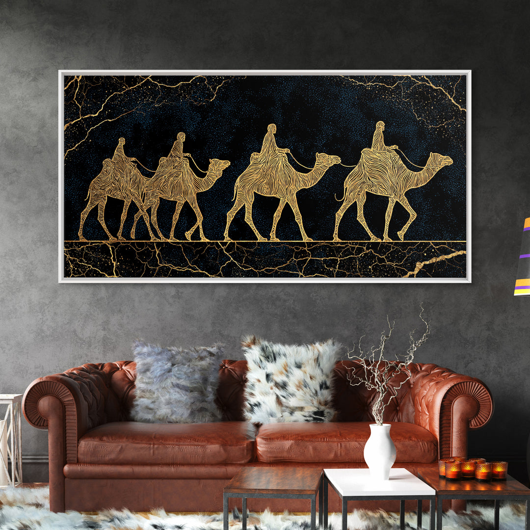 Gold Line Camel Caravan Wall Art, Black And Gold African Safari Print, Desert Nomad Decor, Luxury Canvas Style Gift For Her