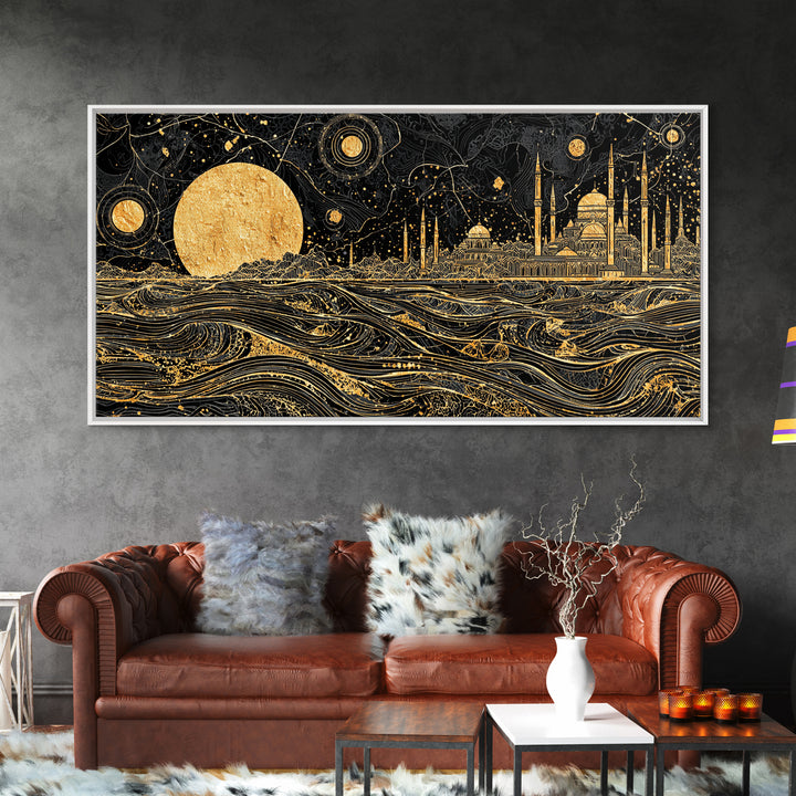 Gold Moon Mosque Skyline Canvas Print, Black And Gold Wall Art, Moroccan Travel Decor, Mystical Night Landscape Gift Idea