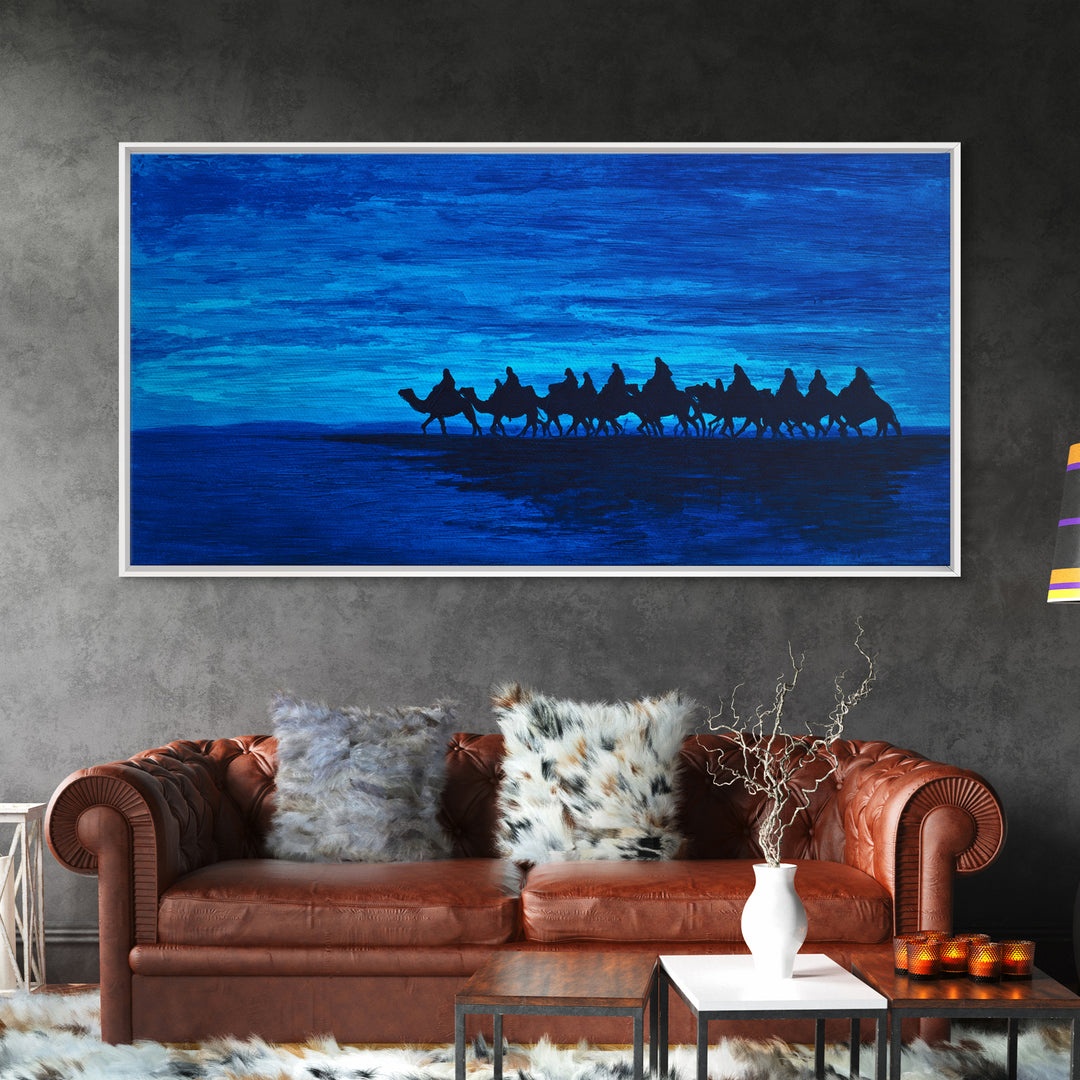 Deep Blue Camel Caravan Silhouette Wall Art, African Safari Poster, Desert Travel Decor, Modern Landscape Canvas Gift Idea