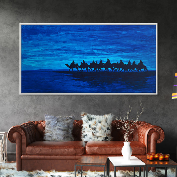 Deep Blue Camel Caravan Silhouette Wall Art, African Safari Poster, Desert Travel Decor, Modern Landscape Canvas Gift Idea