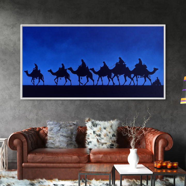 Cobalt Camel Caravan Silhouette Canvas Print, African Wall Art, Minimalist Desert Travel Decor, Blue Nomad Art Gift For Him