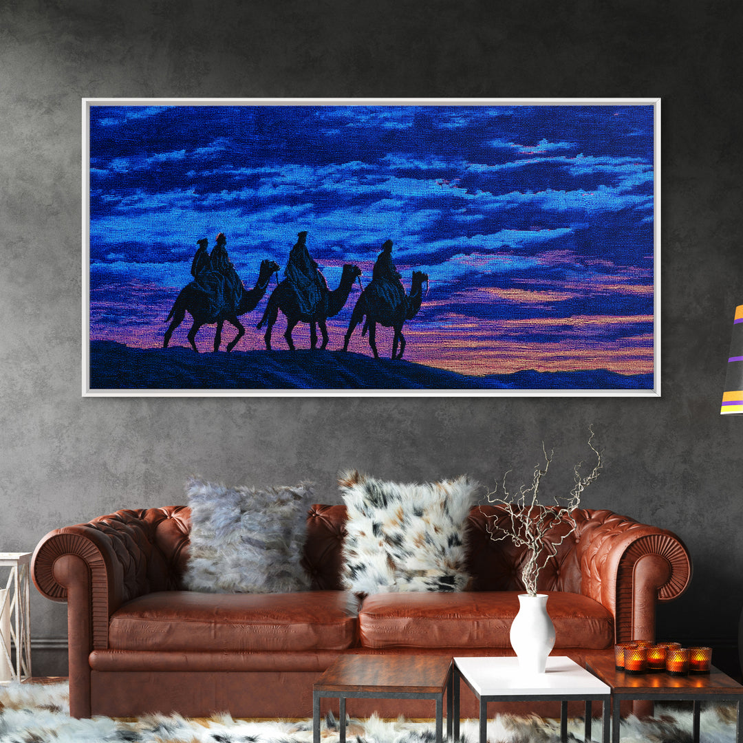 Textured Blue Sunset Camel Caravan Wall Art, African Safari Print, Purple Desert Silhouette Decor, Dreamy Travel Gift Idea