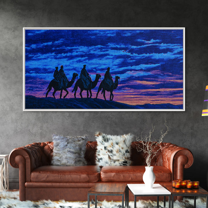 Textured Blue Sunset Camel Caravan Wall Art, African Safari Print, Purple Desert Silhouette Decor, Dreamy Travel Gift Idea