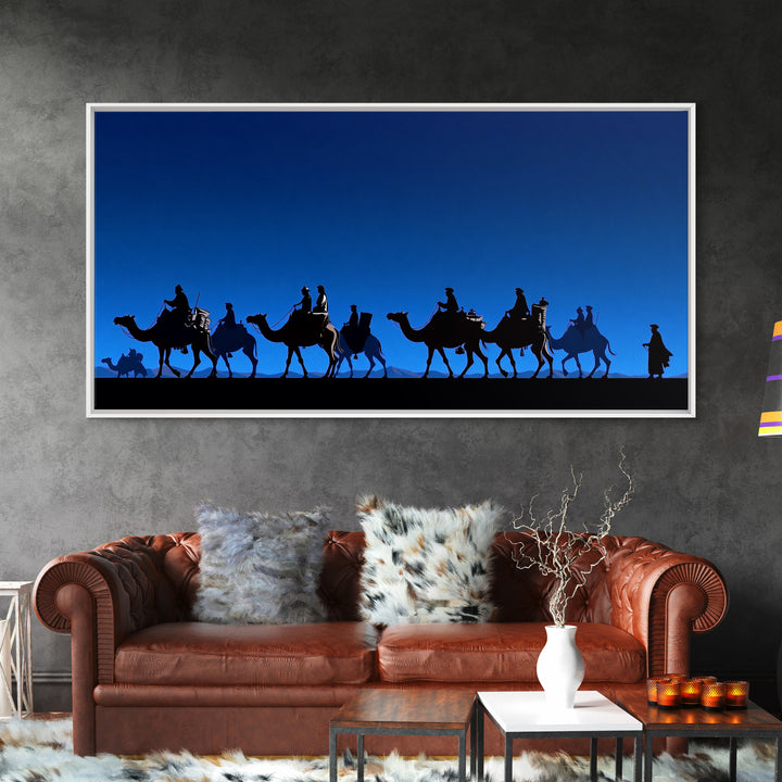Bright Blue Camel Caravan Journey Silhouette Canvas Print, African Safari Wall Art, Desert Nomad Decor, Travel Gift For Him