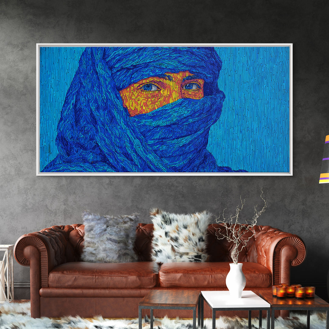 Blue Veiled African Woman Portrait Wall Art, Tuareg Inspired Afrocentric Decor, Bold Black Beauty Canvas For Living Room