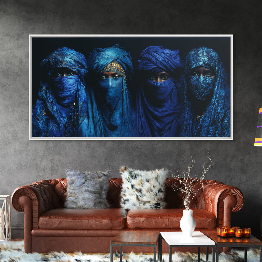 Four Blue Veiled African Women Framed Canvas Print, Tuareg Portrait Wall Decor, Afrocentric Black Culture Art Gift For Home Decor