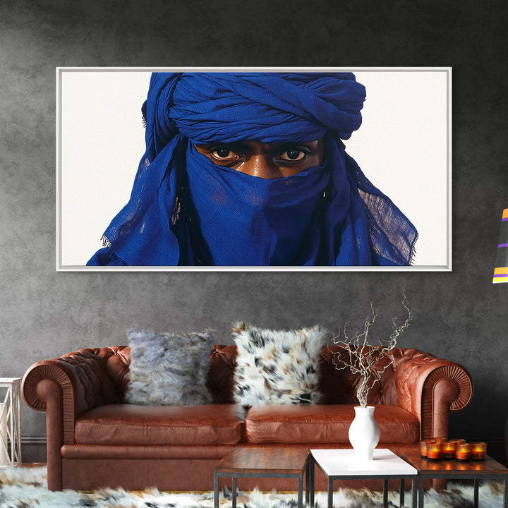 Blue Tuareg Man Eyes Canvas Print, African Portrait Wall Decor, Sahara Nomad Black Art For Modern Afrocentric Home Decoration