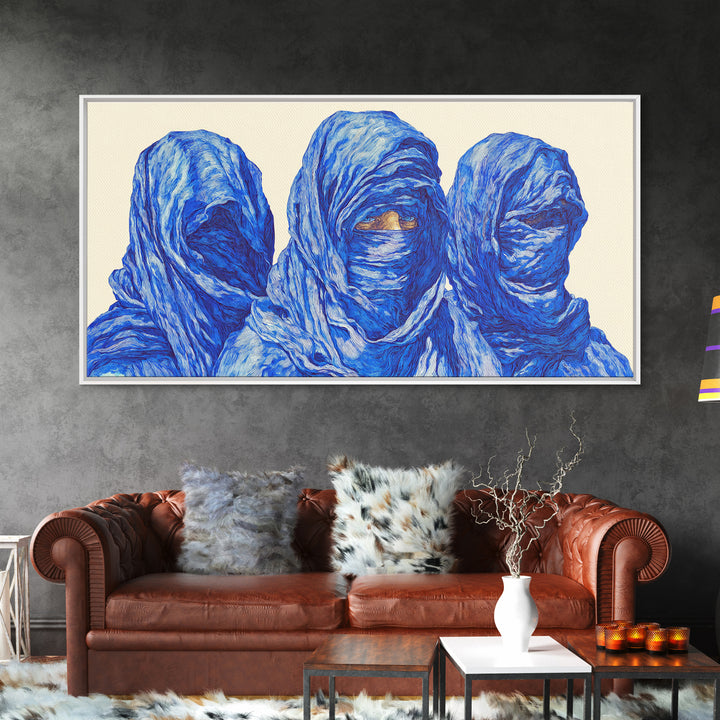 Three Blue Veiled Figures Wall Art, African Tribal Portrait Painting, Textured Tuareg Decor For Afrocentric Living Room Art