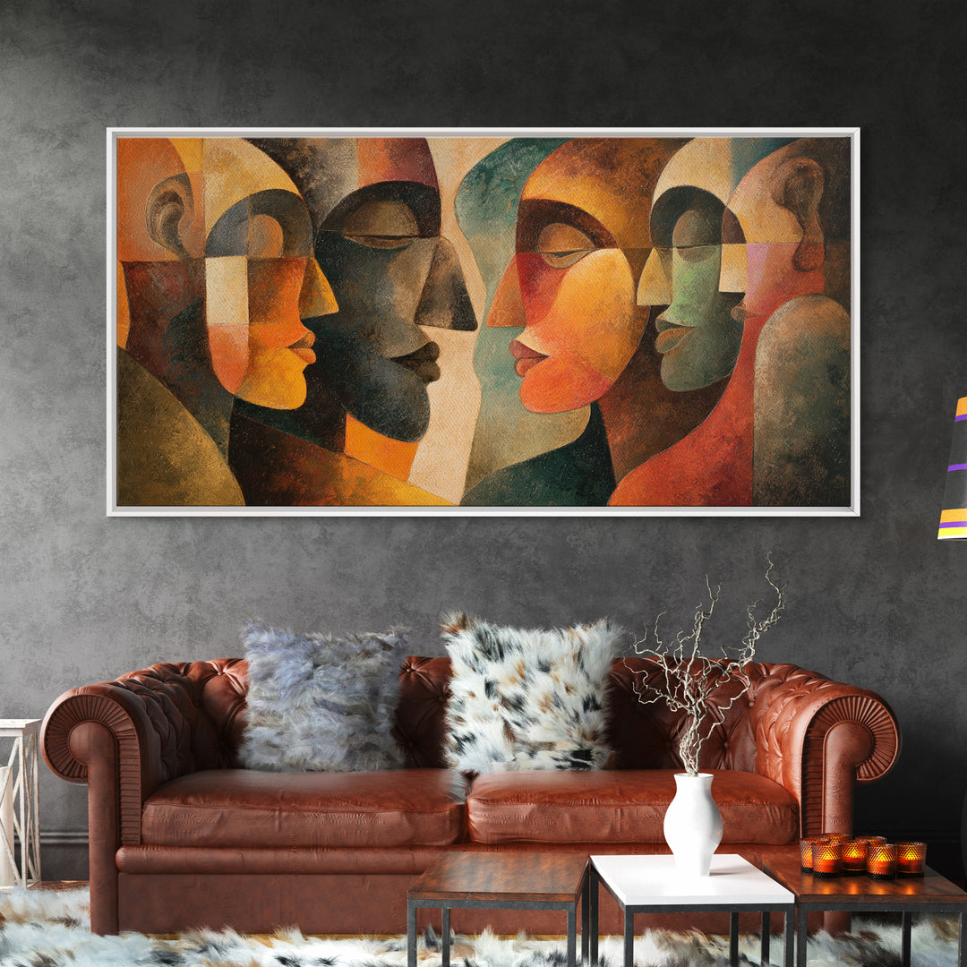 Abstract Cubist African Mask Faces Canvas Print, Earth Tone Tribal Wall Decor, Modern Ethnic Art For Home Gallery Decor Gift