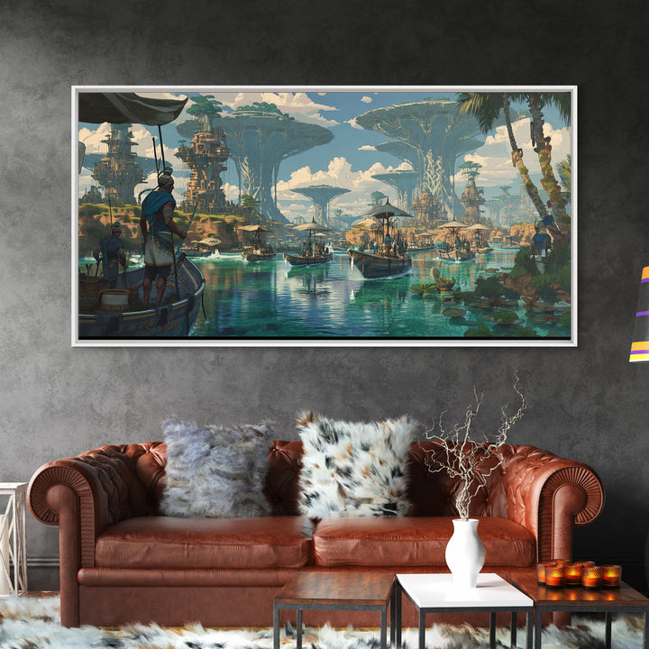 Afrofuturist African Waterfront City Wall Art, Sci Fi Landscape Canvas, Modern Black Art Decor For Living Room Statement Piece