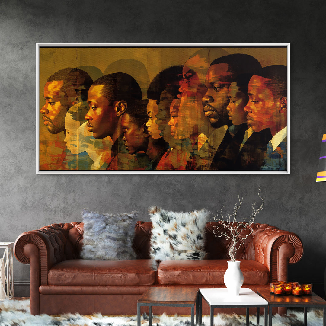 Layered Black African Profiles Framed Canvas Print, Abstract Portrait Wall Decor, Afrocentric Culture Art For Home Gallery Decor