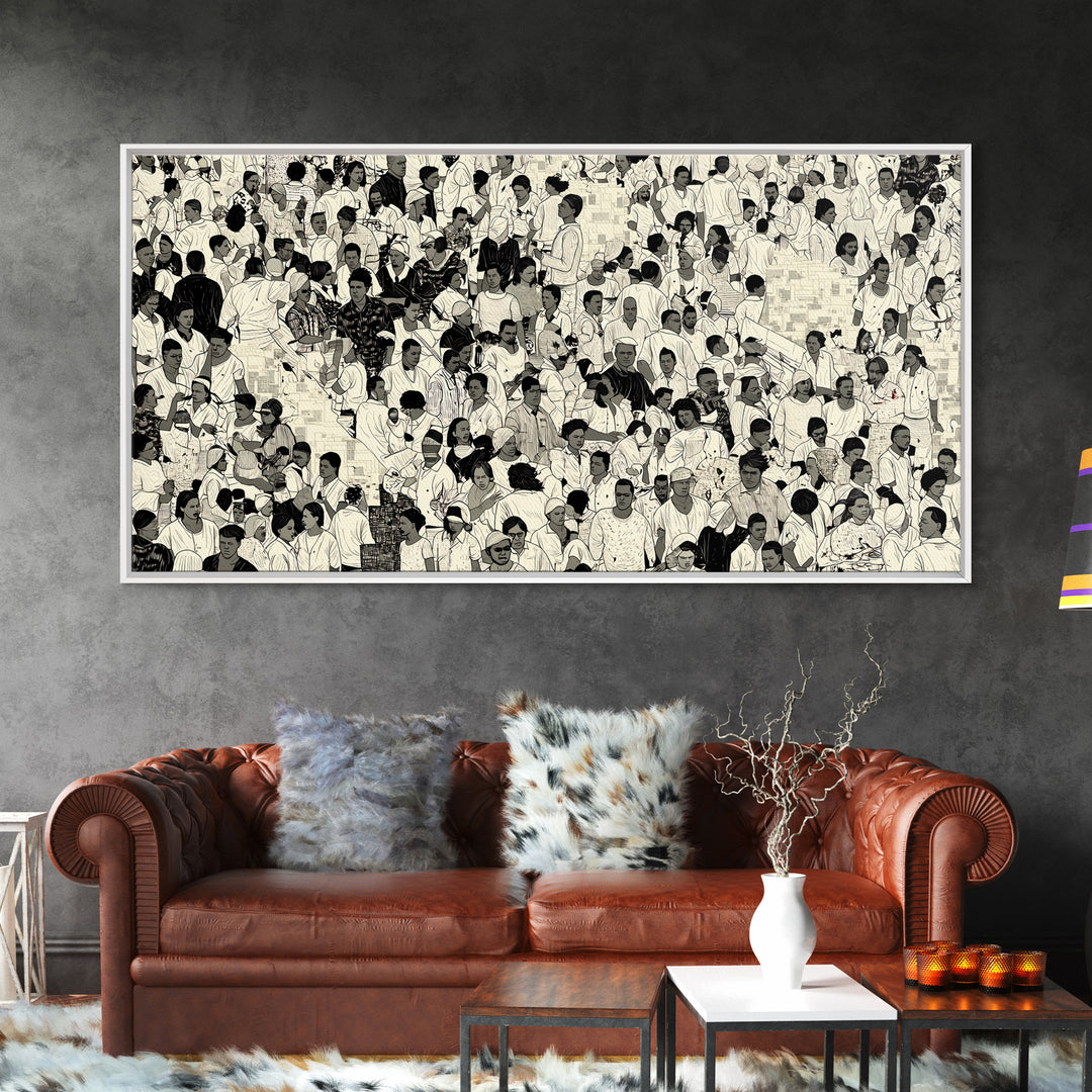 Monochrome African Crowd Scene Wall Art, Afrocentric Black Culture Print, Diaspora People Decor, Modern Gallery Canvas Gift