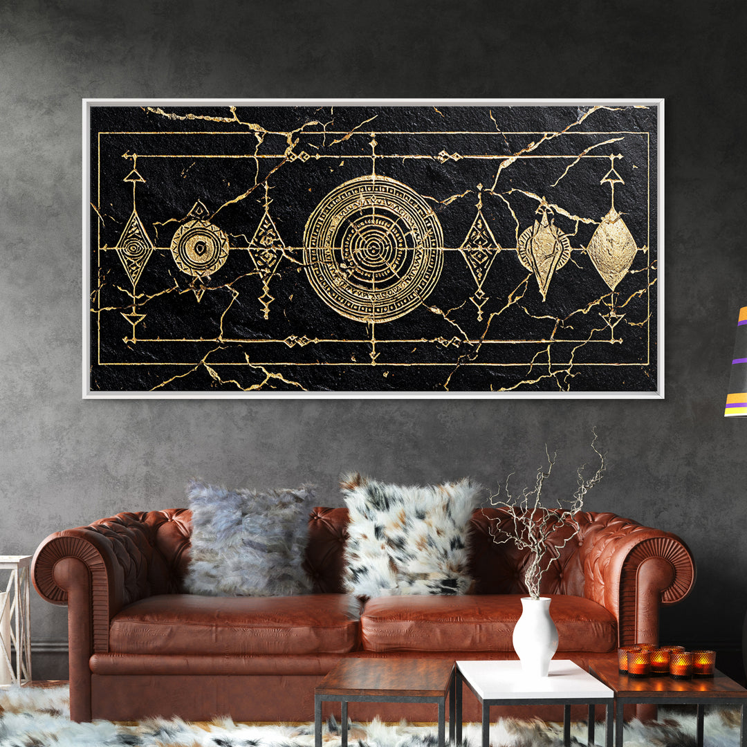 Black Gold African Geometric Symbols Framed Canvas Print, Tribal Pattern Wall Decor, Afrocentric Luxury Abstract Art Gift
