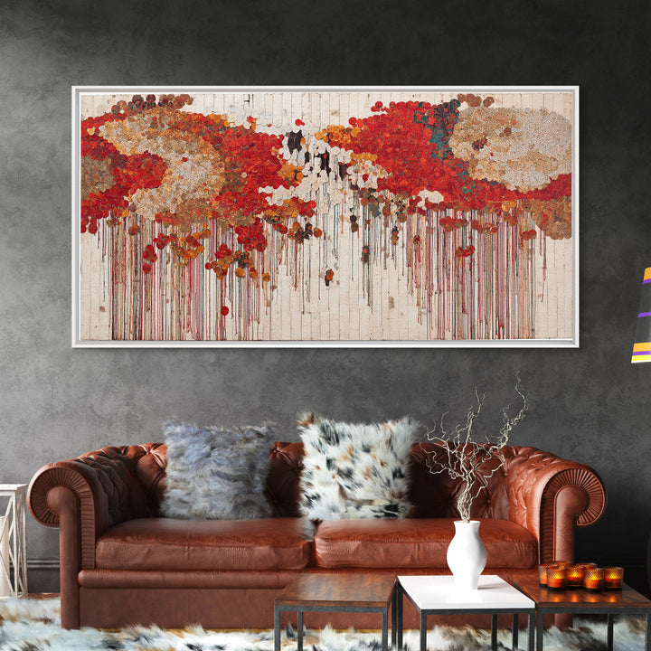 Red Gold Dripping World Map Wall Art, African Inspired Abstract Painting Print, Bold Global Decor For Living Room Canvas