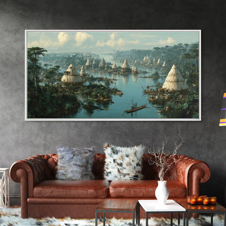 Misty African Wetland Village Wall Art, Thatched Hut Canoe Landscape Print, Authentic Cultural Safari Home Decor Canvas Gift