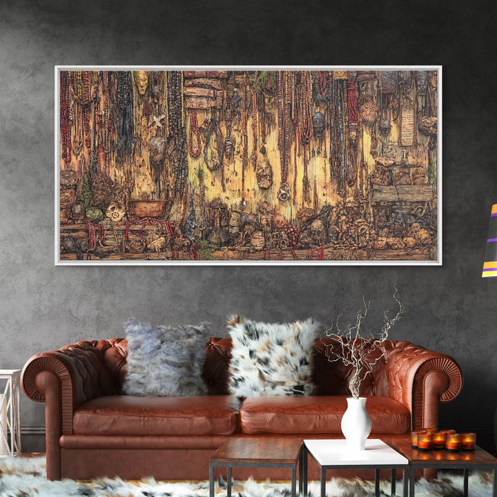 Rustic African Market Interior Canvas Print, Tribal Jewelry And Textile Wall Decor, Warm Boho Cultural Living Room Art Gift