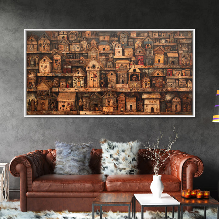 Rustic African Village Birdhouse Houses Wall Art, Tribal Architecture Canvas, Earth Tone Cultural Home Decor Gift For Living Room