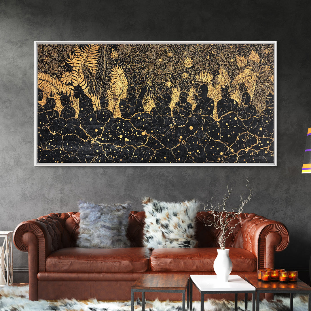 Golden African Women In Jungle Foliage Canvas Print, Black Gold Afrocentric Wall Decor, Tribal Culture Art For Living Room