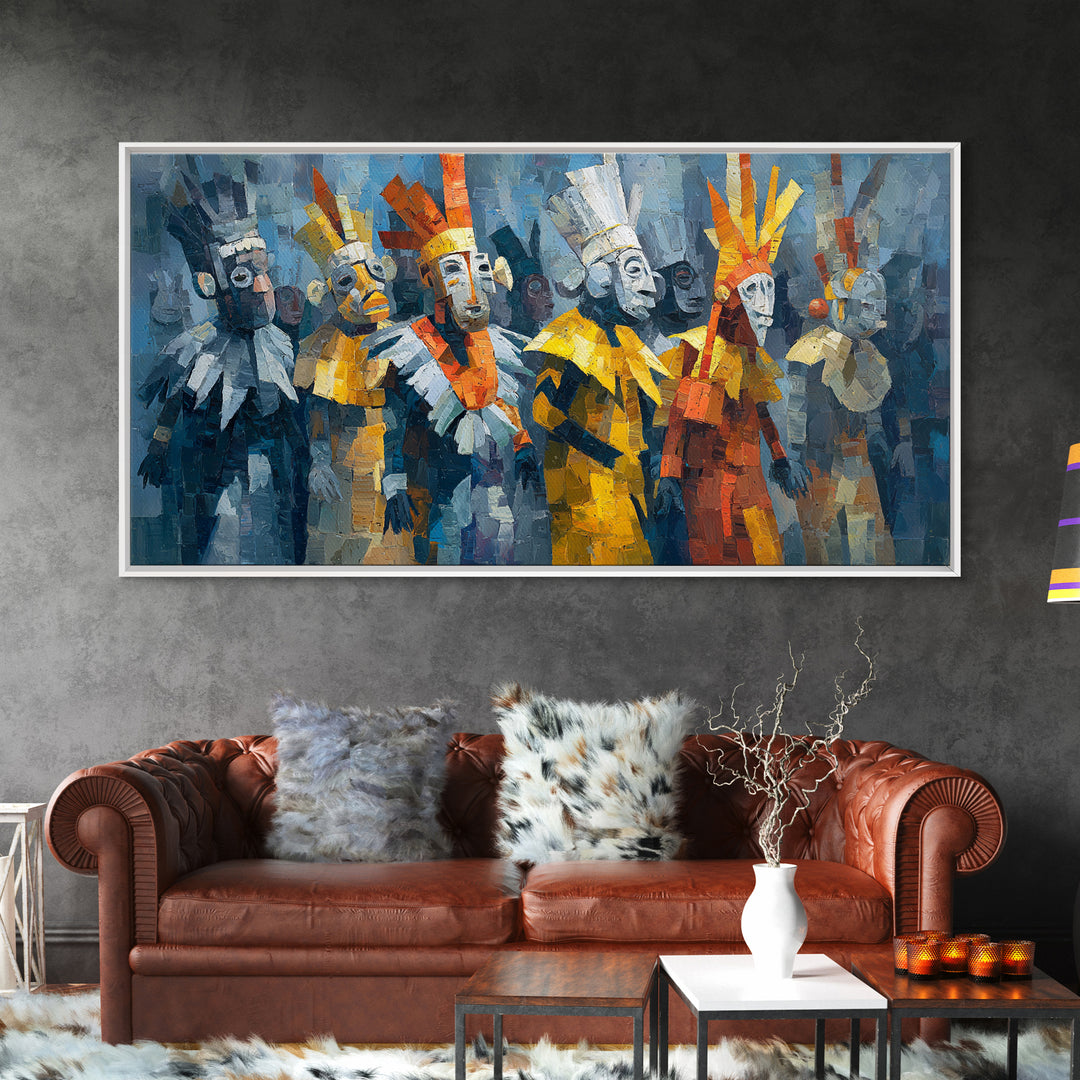 Cubist African Masked Warriors Canvas Print, Ceremonial Tribal Queen Wall Decor, Modern African Art For Bold Home Decor Gift