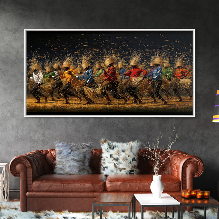 Dynamic African Dancers With Golden Straw Canvas Print, Motion Filled Tribal Wall Decor, Black Gold Cultural Art Gift For Home