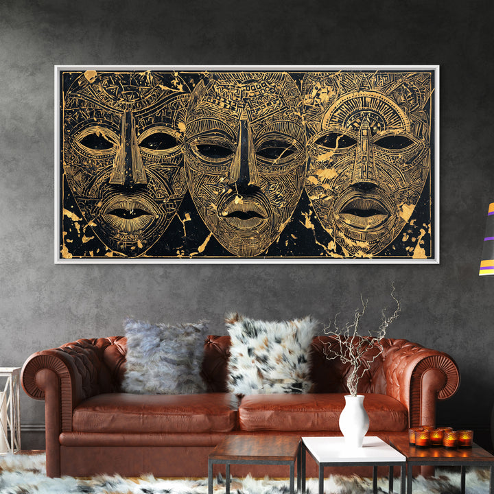 Golden African Tribal Masks Canvas Print, Abstract Mask Art, Afrocentric Wall Decor, Black And Gold Cultural Home Decor Gift
