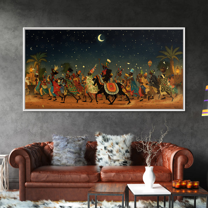 Moonlit African Camel Procession Wall Art, Desert Festival Painting, African Safari Art, Cultural Decor For Living Room Gift