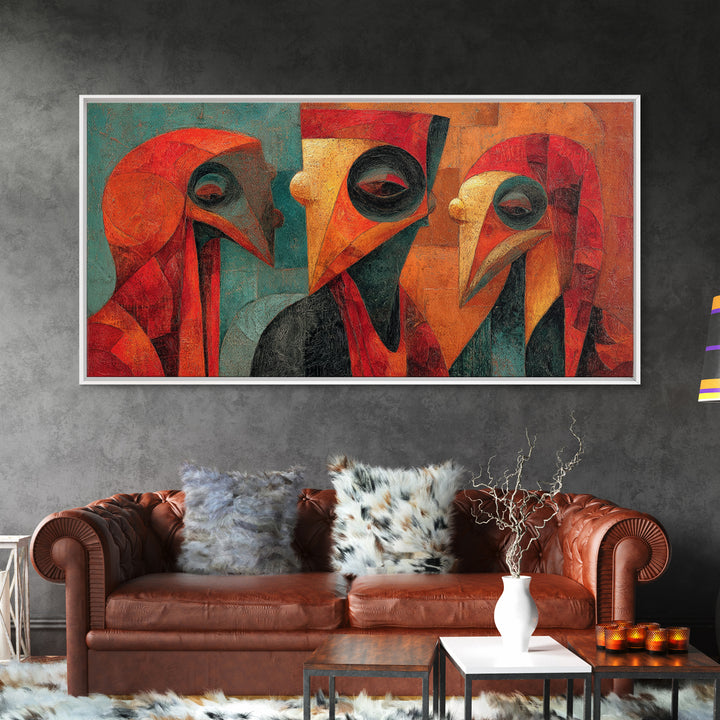 Cubist African Bird Mask Trio Wall Art, Abstract African Art, Modern Tribal Portrait, Burnt Orange Decor Canvas Print Gift
