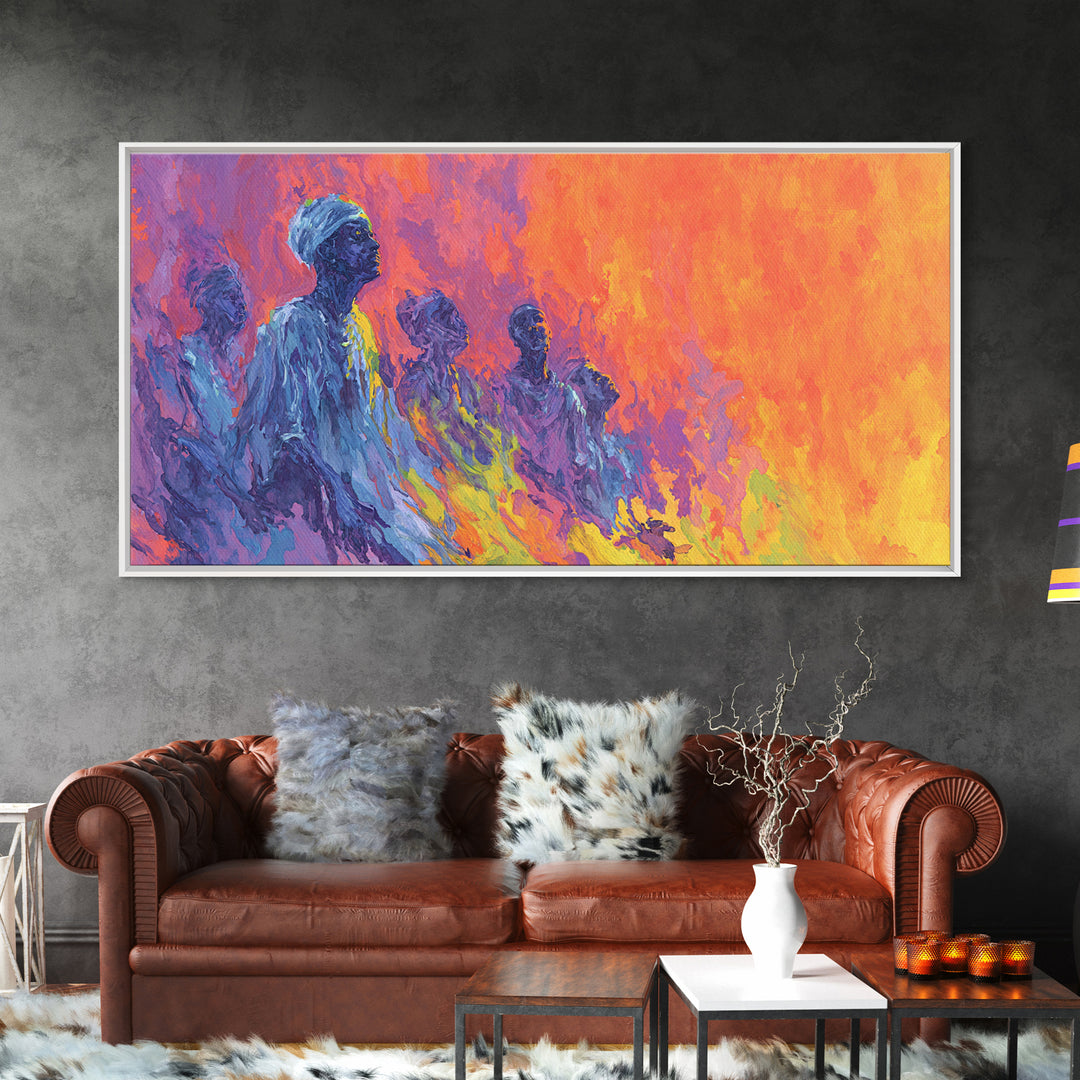 Blue Ancestral Figures By Fire Wall Art, Abstract African Art, Spiritual Cultural Painting, Orange And Purple Decor Gift