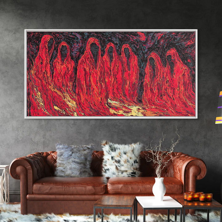 Red Spirit Procession Abstract Wall Art, African Inspired Figures, Mystical Cultural Painting, Bold Black And Red Decor Gift