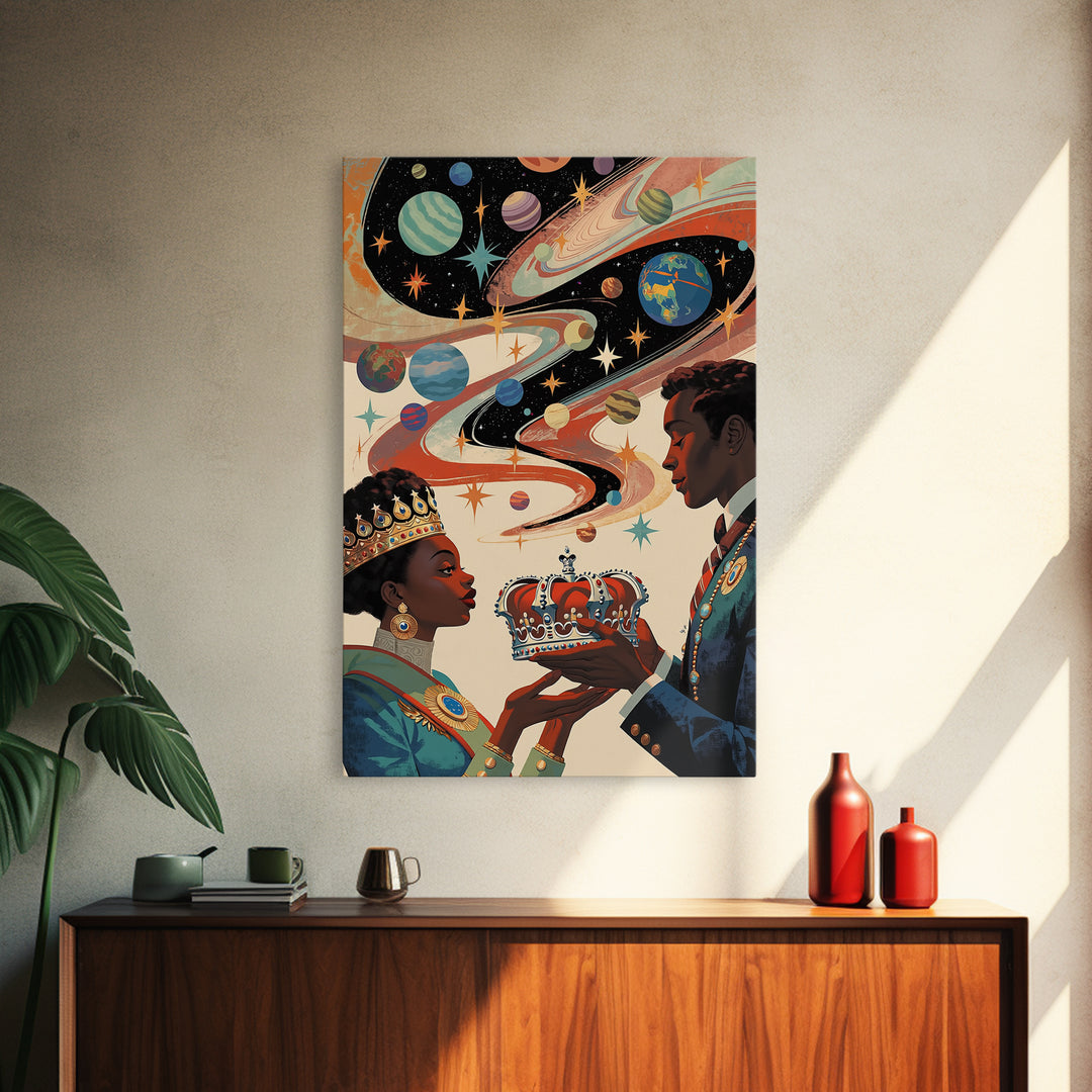 Afrofuturist Royal Couple Wall Art, Cosmic African Queen And King Canvas Print, Black Love Decor, Planets Crown Home Gift