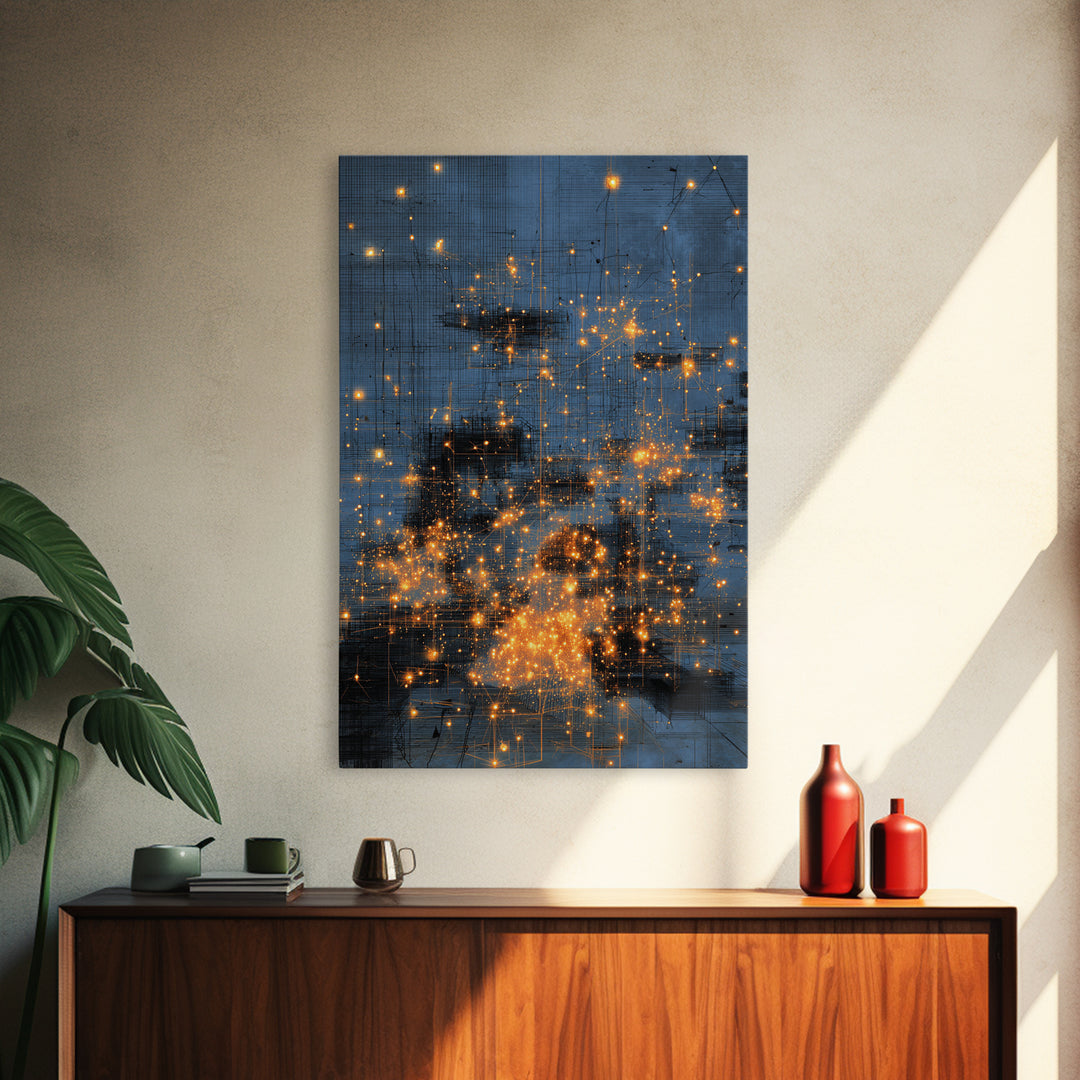 Blue Abstract City Lights Wall Art, Gold Spark Modern Canvas Print, Urban Office Decor, Dreamy Digital Art Luxury Home Gift