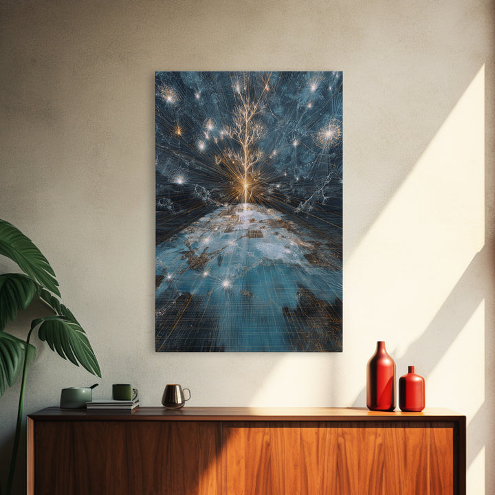 Glowing White Tree Canvas Print, Blue Celestial Wall Art, Spiritual Nature Scene Art, Modern Office Decor, Unique Home Gift