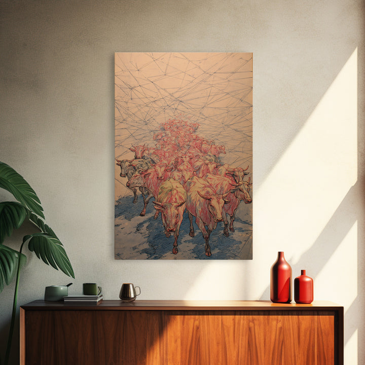 Red Line Cattle Herd Migration Canvas Print, African Animal Art, Rustic Farmhouse Decor, Cultural Wall Art Gift For Living Room