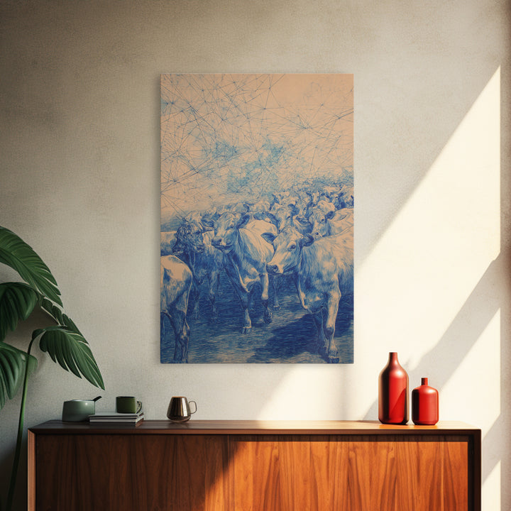 Blue Cattle Herd Network Sketch Wall Art, African Animal Art, Safari Art, Rustic Home Decor, Unique Canvas Gift For Office Decor