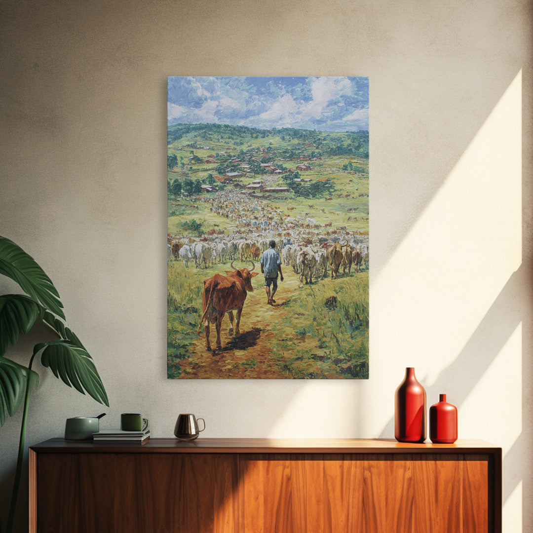 Pastoral Cattle Drive To Village Landscape Wall Art, African Landscape, Safari Decor, Farmhouse Home Decor Gift For Living Room