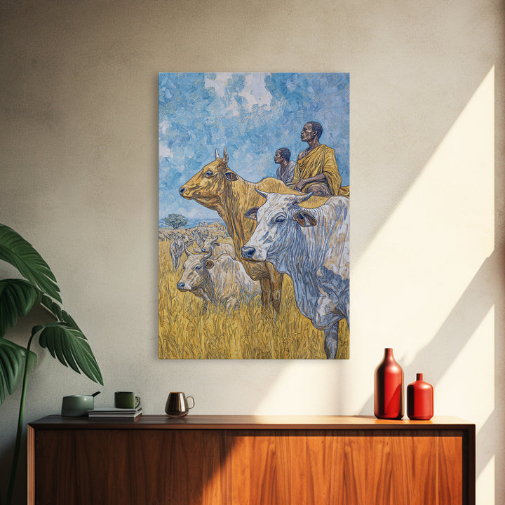 Pastoral African Cattle Herders In Golden Grass Wall Art, Afrocentric Safari Decor, African Landscape Print, Cultural Home Decor