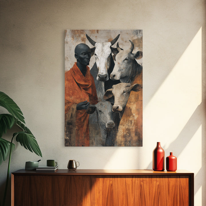 Maasai Herder With White Cattle Framed Canvas Print, African Portrait Wall Decor, Rustic Safari Art, Afrocentric Home Decor